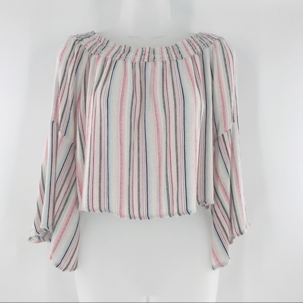 Passport Crop Top  Striped Print Bell Sleeves